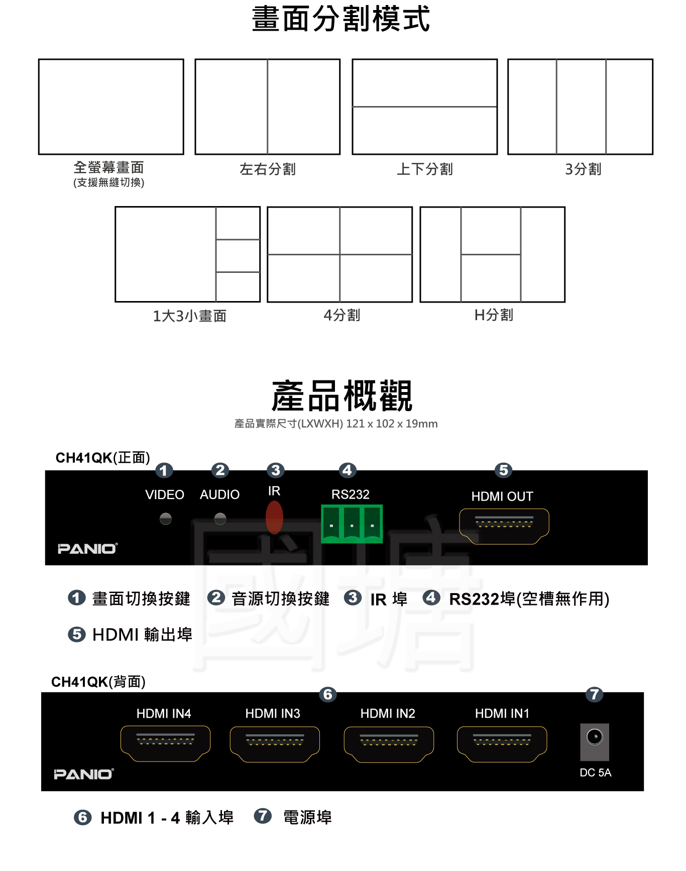 4埠 4KHDMI多視窗畫面分割切換器